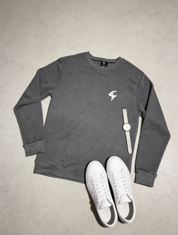 Gray sweatshirt with a logo, white sneakers, and a watch on a light gray background