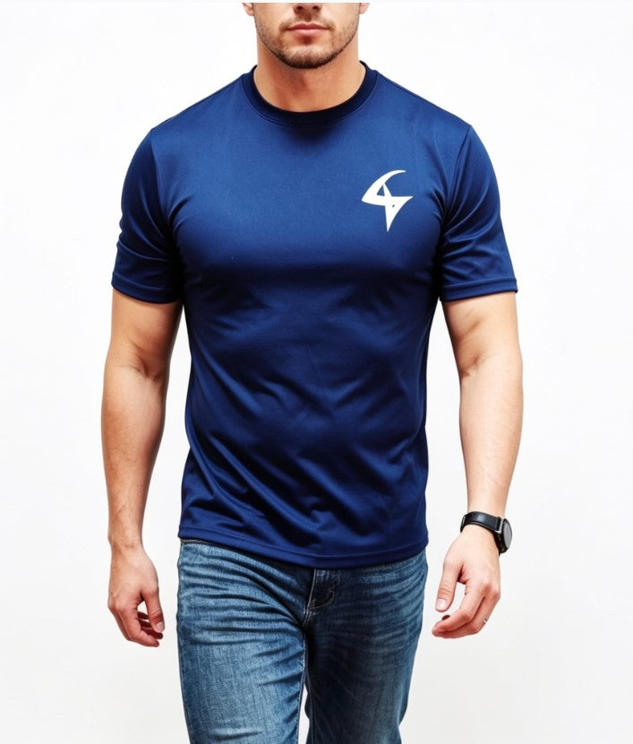 A man wearing a navy blue athletic t-shirt with a white stylized logo on the left chest, paired with blue jeans, against a plain white background.