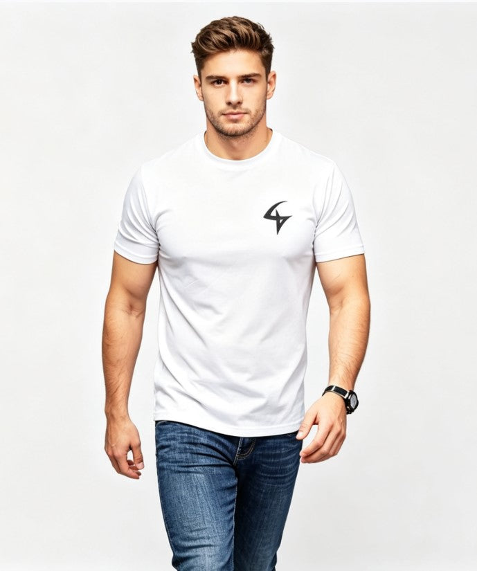 Men's white performance t-shirt front view