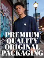 Person wearing a navy blue sweatshirt with a logo on a city street, text overlay 'PREMIUM QUALITY ORIGINAL PACKAGING'.