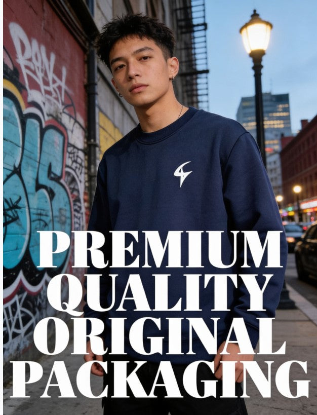 Person wearing a navy blue sweatshirt with a logo on a city street, text overlay 'PREMIUM QUALITY ORIGINAL PACKAGING'.
